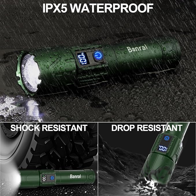 Rechargeable Flashlights High Lumens - Super Bright LED Tactical Flash Light, Powerful Waterproof Handheld USB C Flashlight for Camping,Emergencies,Home,5 Modes,Zoomable (1, Green)