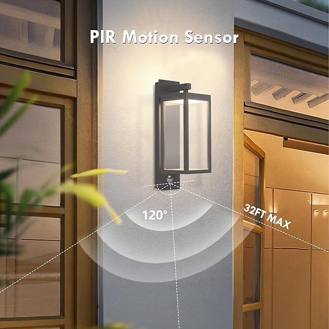 2 Pack PIR Motion Sensor Outdoor Lights, LED Integrated Porch 750 Lumen Outside Wall Light with Clear Glass, Modern Exterior Fixture, 3000K Sconce for House Patio Garage Yard Front Door Dark Grey