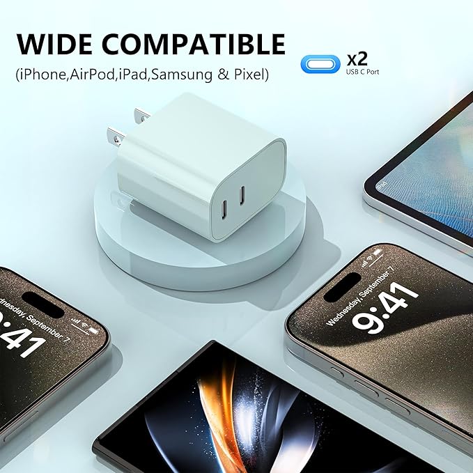 USB C Charger,Dual Port USB C Fast Charging Block，Type C Wall Charger Plug for iPhone 15/14/13/12/11/ Pro Max/Plus/Xs Max/XR/X,iPad Pro/Samsung Galaxy(20W)