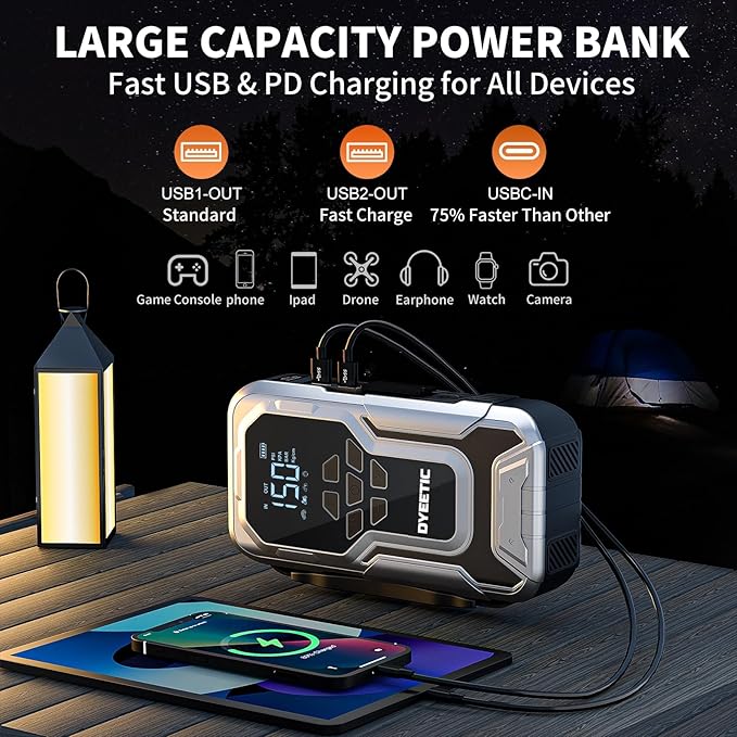 Portable Car Jump Starter with Air Compressor,6000A 150PSI Car Battery Jump Starter (All Gas/10.0L Diesel Engines),12V Pack Jump Box with Large Digital Display, 21800mAh Power Bank,Smart Jumper Cable