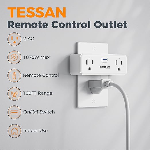 TESSAN Remote Control Outlet Plug, Wireless Light Switch with 2 Independent Sockets, ON/Off Remote Outlet Switch for Indoor Lights, Lamps, Fans, Home Small Appliances, 100 Ft Range,1875W