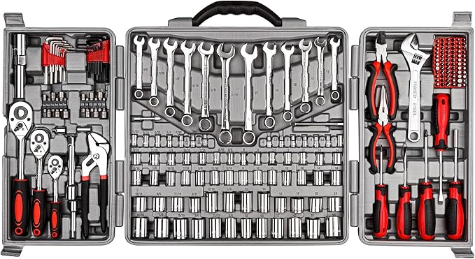 CARTMAN 205 Piece Ratchet Wrench Tool Set 1/4" & 3/8" & 1/2" Drive with SAE/Metric Sockets Kit in Plastic Toolbox