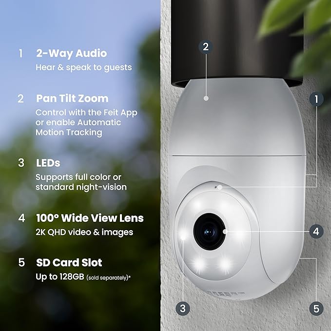 Feit Electric Smart Security Camera Bulb, 2K QHD Resolution, 2-Way Audio, Human Tracking, 350° Pan, Night Vision, Motion Alerts, E26 Base, Alexa/Google Assistant Compatible, CAM/PAN/WIFI/E26/2K