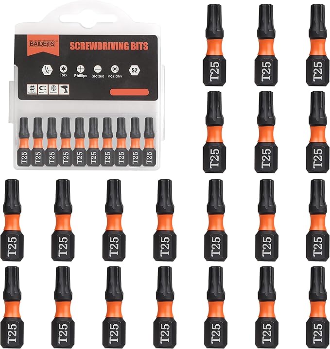 Pro T25 Bit Assortment - Screwdriver Bits Set 20Pcs, 25mm Length, Torx Screwdriver Bit, 1/4 Inch Hex Shank, with Storage Box