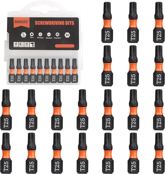 Pro T25 Bit Assortment - Screwdriver Bits Set 20Pcs, 25mm Length, Torx Screwdriver Bit, 1/4 Inch Hex Shank, with Storage Box
