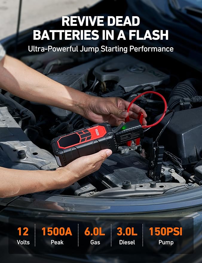 AstroAI S8 Air Nano Jump Starter with Air Compressor, 1500A Peak 150PSI Compact & Portable Car Battery Booster (6.0 Gas/3.0L Diesel Engine), 12V Super Safe Lithium Jump Box, Tire Pump, Lights (Red)