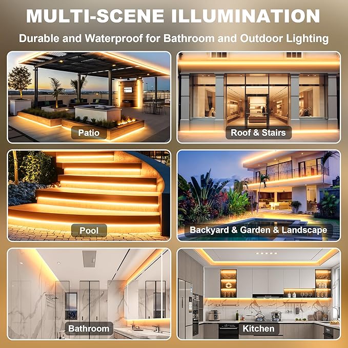 IP67 Waterproof COB LED Strip Lights AC 120V Direct Plug, 66FT Super Bright Outdoor Strip Lights with Double Fuse Controller, 2700K Warm White LED Strips for Garden Patio Commercial Decor