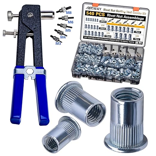 Rivet Nut Tool Kit 540Pcs Nut Riveter Tool Kit (M8/M6/M5/M4/M3), Suitable for Furniture, Decoration, Automobile, Shipbuilding and Industrial Applications