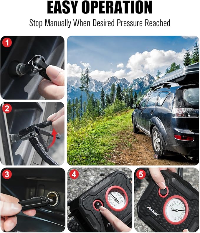 AVID POWER 12V Tire Inflator Portable Air Compressor, Portable Car Air Pump w/Display Gauge and LED Light, Air Pump for Car Tires, Bike, Motorcycle, Compact, Lightweight (Red)