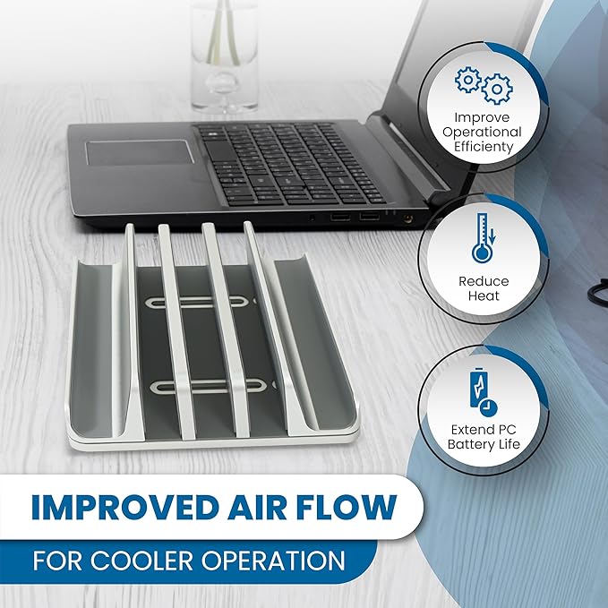 Multiple Laptop Holder Adjustable Laptop Stand Holds 5 Devices, Fits All MacBooks Laptops Tablets and Mobiles (up to 17.3'), Closed Upright Vertical Laptop Stand for Desk