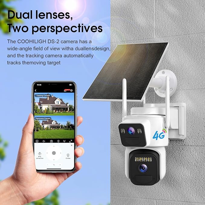 Dual Lens Dual Screen 2K Solar Security Camera Wireless Outdoor 360° View Battery Powered Camera with Spotlight Color Night Vision, PIR Sensor WiFi Home Security System (4G LTE)