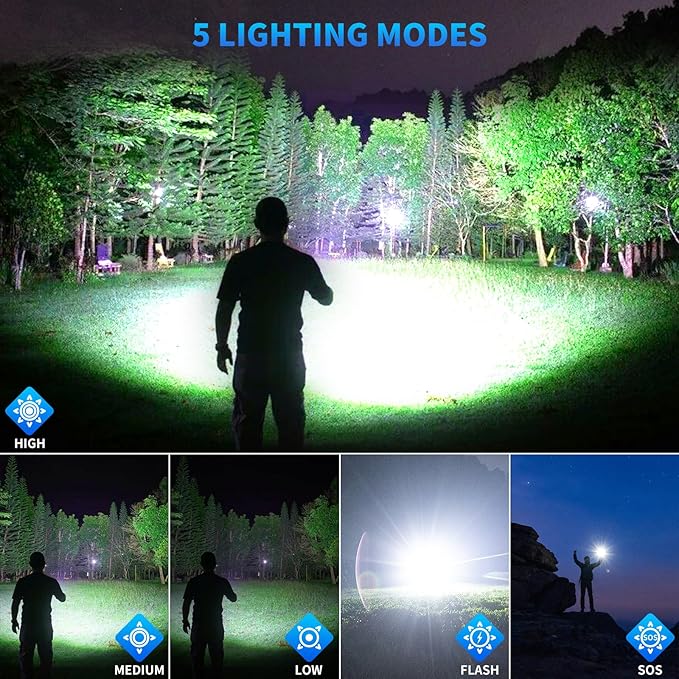Rechargeable Flashlights High Lumens, 90000 Lumen Super Bright Led Flashlight with 5 Modes & 12H Long Runtime, Powerful Handheld Flash Light for Home Camping, IPX6 Waterproof 2Pack Flashlights