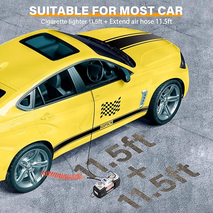 GSPSCN Portable 12V Air Compressor Pump Digital Display Tire Inflator with LED Flashlight, Heavy Duty Dual Cylinder Tire Pump 150 PSI with Locking Air Chuck for Auto,SUV,Off-Road,Truck,RV,Bike etc