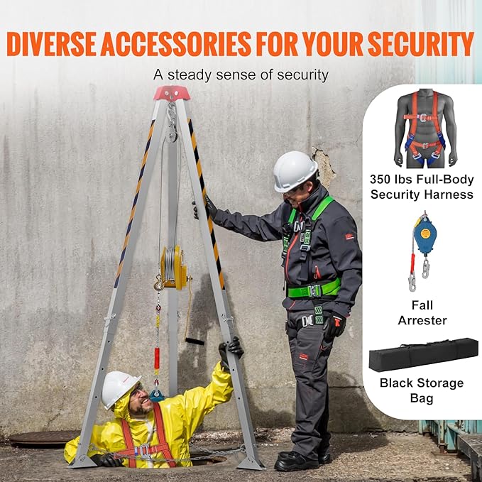 VEVOR Confined Space Tripod Kit, 1800 lbs Winch, Confined Space Tripod 7' Legs and 98' Cable, Confined Space Rescue Tripod 32.8' Fall Protection, Harness, Storage Bag for Traditional Confined Spaces