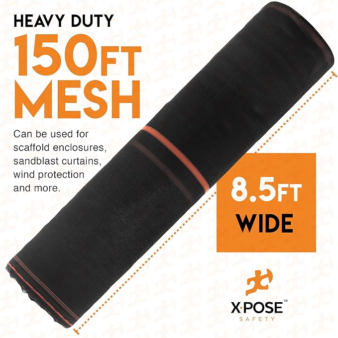 Construction Safety Debris Netting - 150 Ft Temporary Material Roll, 1/16" Mesh Scaffold Net Enclosure, Barricade, Visibility Barrier, Fencing Roll, Heavy Duty Fire Retardant 8.5 ft x 150 ft, Black