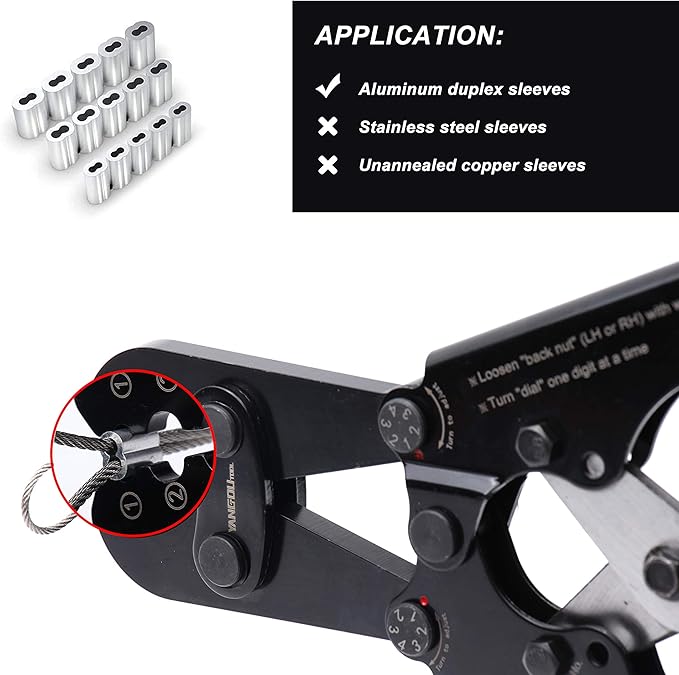 Yangoutool Wire Rope Cutting and Crimping Tool Sheet Metal Crimper Swaging Tool for Aluminum Oval and Double Barrel Stop Ferrule Loop Sleeves 1/16 to 1/8 Inches Cable End Hanging Ring Fixing Plier