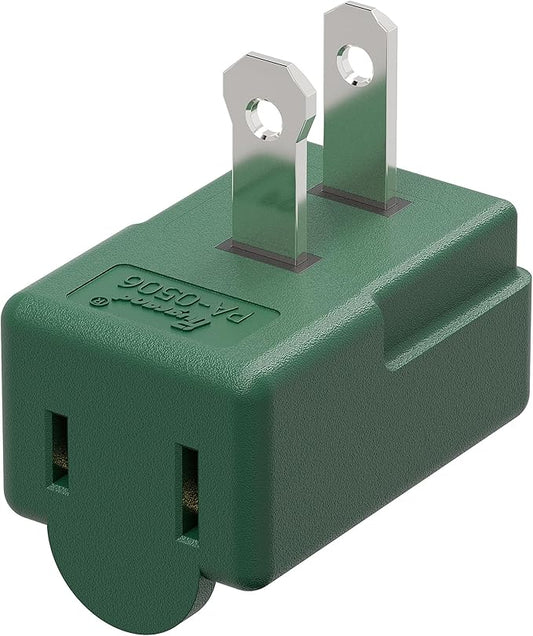 2 Prong 90 Degree AC Adapter, Plugrand NEMA 1-15P to 1-15R Left Angled Adapter, Polarized 2 Prong L Type Adapter, Vertical NEMA 2 Pin Power Adapter, PA-0506G Green Color
