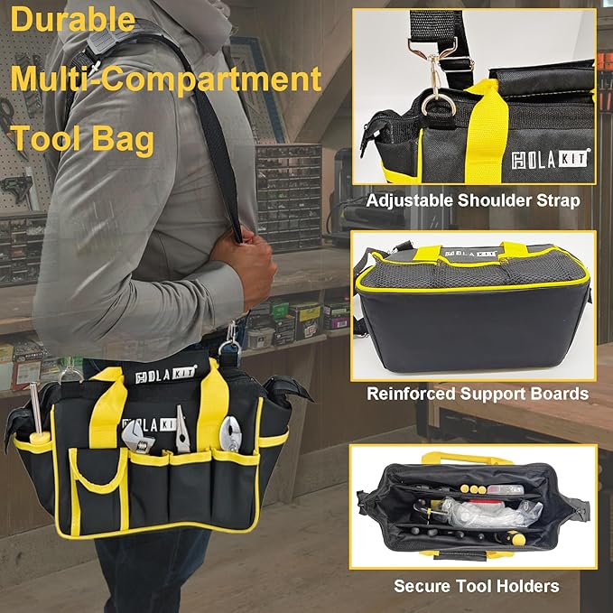 HolaKit House Tool Kit, 64-Piece Home Tool Set with 18-Pocket Tool Bag and Shoulder Strap, Hammer, Pliers, Adjustable Wrench, Precision Screwdrivers, etc, Ideal for DIY Projects, Quick Repairs