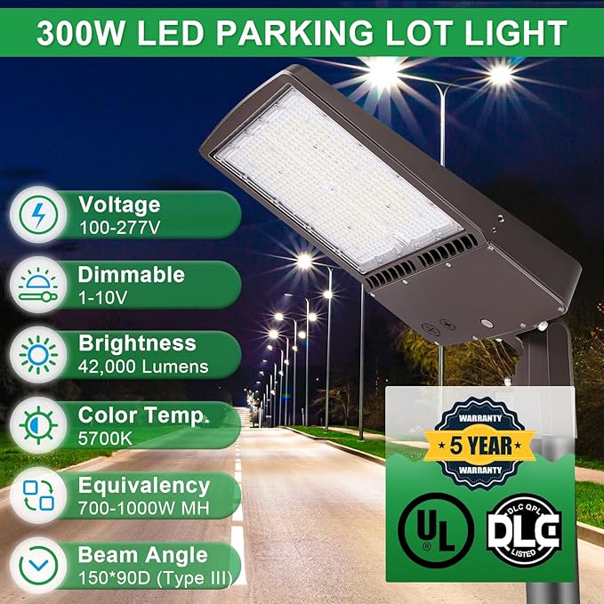 300W LED Parking Lot Light, 5700K 42000LM LED Shoebox Area Light [1000W MH/HPS Equiv.], 0-10V Dimmable Outdoor Pole Flood Lights with Slip Mount, IP65 20KV Surge Protection AC100-277V UL&DLC Listed