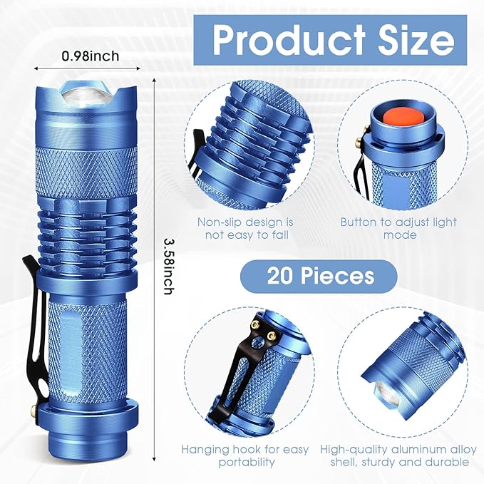 Fumete 20 Pieces LED Flashlight Mini 3 Mode Tactical Torch Small Water Resistant Pocket Flash Light Adjustable Focus Light Pen for Men, Father, Indoor Outdoor Hiking(Blue)