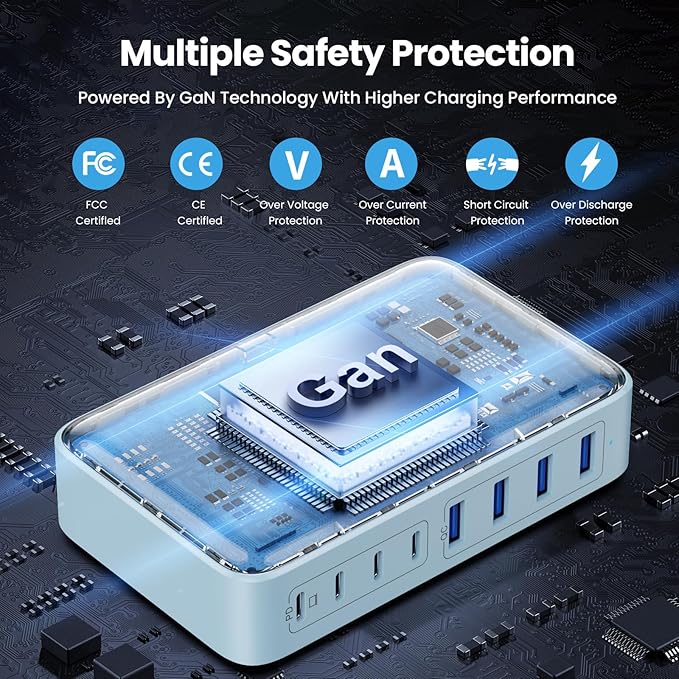 200W USB C Charger Block, GaN III 8-Port USB C Fast Charging Station PPS PD 65W Laptop Charger Adapter Compatible with MacBook Pro/Air,DELL,HP Surface,iPhone 16/15/Pro/14/13,Galaxy,Steam Deck-Blue