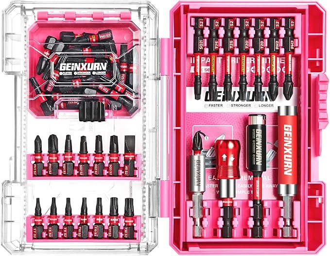 56Pieces Impact Screwdriver Bits Set, Magnetic S2 Steel Phillips/Slotted/Square/Torx Insert Power Bits Tips, Impact Bit Holder with Pink Storage Box Case