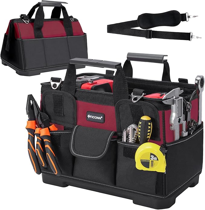 TICONN Heavy Duty Tool Bag with Multi-Pockets, Portable Tool Box Organizer Storage Bag, with Adjustable Shoulder Strap and Ergonomic Handle (Red, 14" Molded Base)