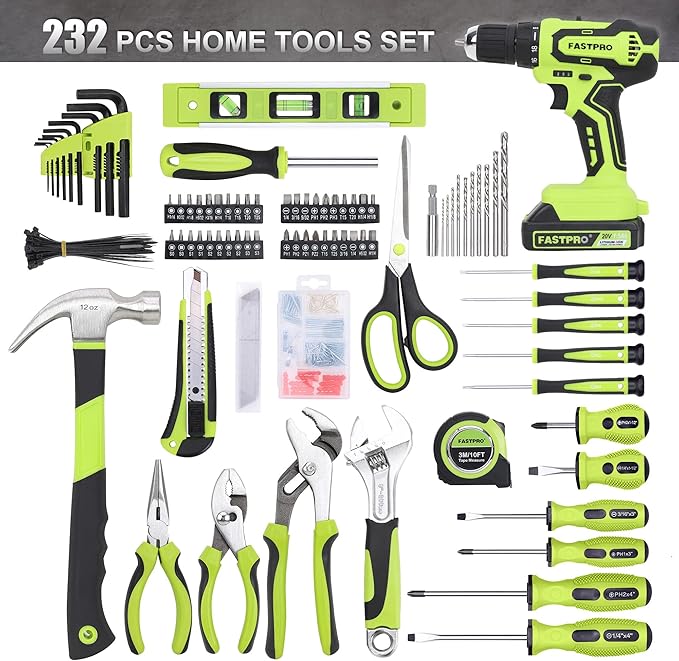 FASTPRO 232-Piece 20V Cordless Lithium-Ion Drill Driver & Home Tool Set, Household Repairing Tool Kit with Drill, 12-Inch Wide Mouth Storage Tool Bag, Green