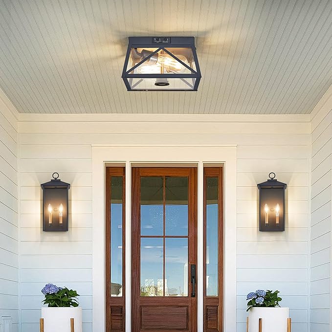 Adjustable Outdoor Motion Sensor Ceiling Light,10" Modern Industrial Design of Squares Flush Mount 2-Light with Clear Glass for Your Porch,Garage,Patio,Hallway,Entryway