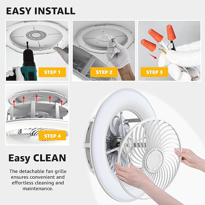 Bladeless Ceiling Fan with Light and Remote Control 22" Low Profile Ceiling Fan Modern Enclosed Multi-Speed Indoor Ceiling Fan 3 Color Temperatures Smart LED.