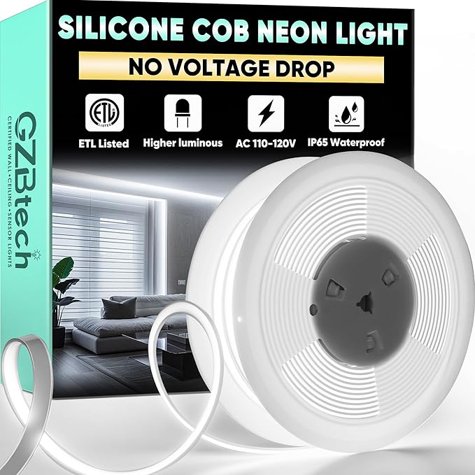 GZBtech Silicone COB Neon Rope Lights 50FT/15M, 6000K Super Bright Cold White Waterproof Neon Strip Light, AC 110-120V Flexible Soft Cuttable Tape Rope Lighting for Indoor Outdoor Home Commercial