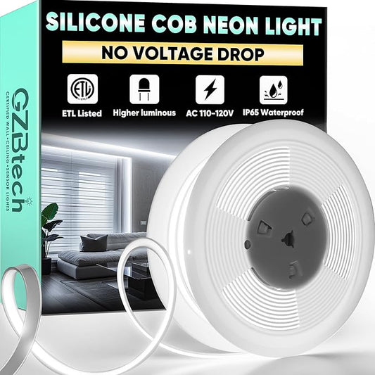 GZBtech Silicone COB Neon Rope Lights 50FT/15M, 6000K Super Bright Cold White Waterproof Neon Strip Light, AC 110-120V Flexible Soft Cuttable Tape Rope Lighting for Indoor Outdoor Home Commercial