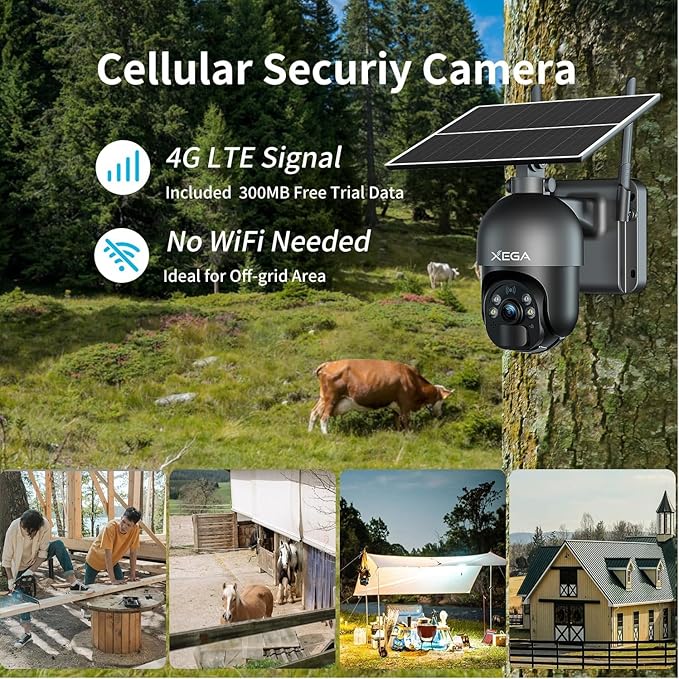 Xega 4G LTE Cellular Security Camera Outdoor Solar Camera Wireless Built-in SIM Card, 2K HD Color Night Vision PTZ 360° View, Smart PIR Motion Detection, 2-Way Talk, No WiFi, IP66