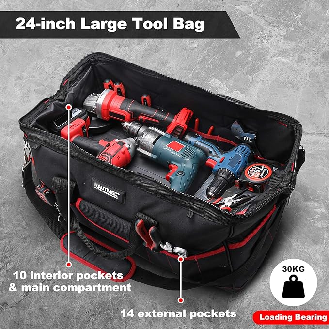 HAUTMEC 3 Piece Large Tool Bag Set, Heavy Duty 1680D Wide Mouth Tool Bags with Padded Shoulder Strap, Non-Slip Base, Double Zipper & Organiser Pockets – 12”, 18”, 24” Sizes – HT0297