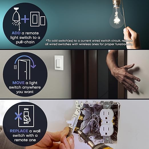 RunLessWire 3-Way Detachable Battery-Free Wireless Light Switch Kit 150ft RF Range for DIY Home Electrical Projects: 2 Removable Magnetic Remote Switches Control 1 5A On/Off Receiver - White