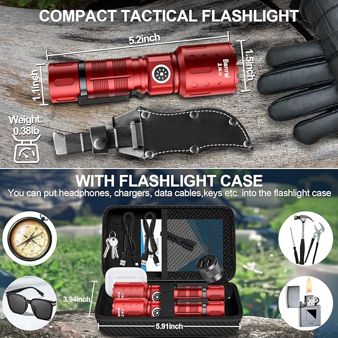 Flashlights High Lumens Rechargeable, Super Bright Long Range Small Powerful Flashlight, 6 Modes LED Tactical Pocket Waterproof Flash Light for Home Emergency (2, Red)