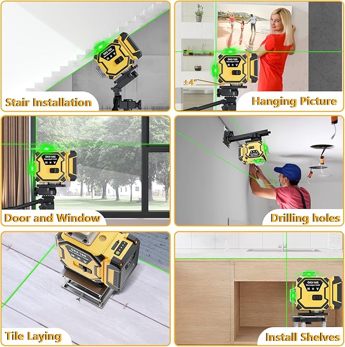 16 Line Laser Level 360 Self Leveling,Professional 4 x 360 Laser Level with Pulse Mode,4D Green Alignment Laser for Construction and Picture Hanging,with 2 Batteries,Magnetic Bracket,Hard Carry Case