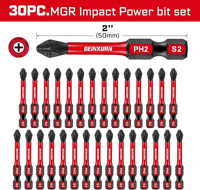 30Pieces Magnetic #2 Phillips 2 in. Hex Anti-Slip Screwdriver Bits, 1/4 Inch Hex Shank Impact Tough PH2 Cross Screwdriver Bits Set