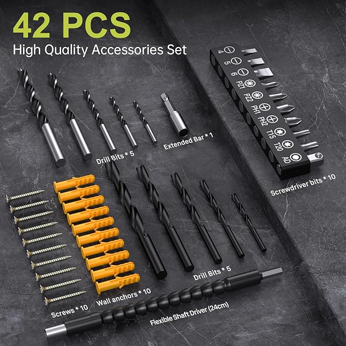 Cordless Drill Set,12V Power Drill Driver 3/8" Keyless Chuck with 42 Acessories, Built-in LED Light, 25+1 Position, Electric Drill for Home DIY Projects (Green)