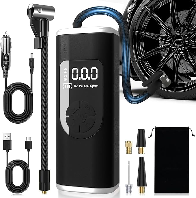 StartPro Tire Inflator Portable Air Compressor, 150PSI Cordless Air Pump, Dual Power Suply, LED Display, Flashlight, Auto Shut-Off, Fast Inflation for Car, Motorcycle, Bike, and Sports Equipment