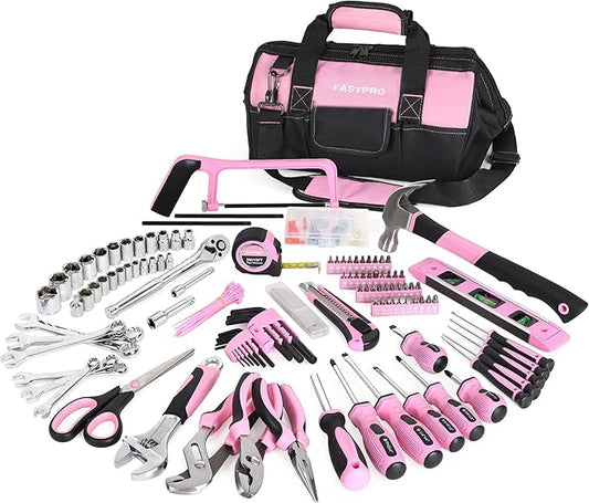 FASTPRO 267-Piece Pink Tool Set, Home Repairing Tool Kit with 13-Inch Wide Mouth Open Tool Bag, Mechanics Hand Tool Kit for DIY, Home Maintenance