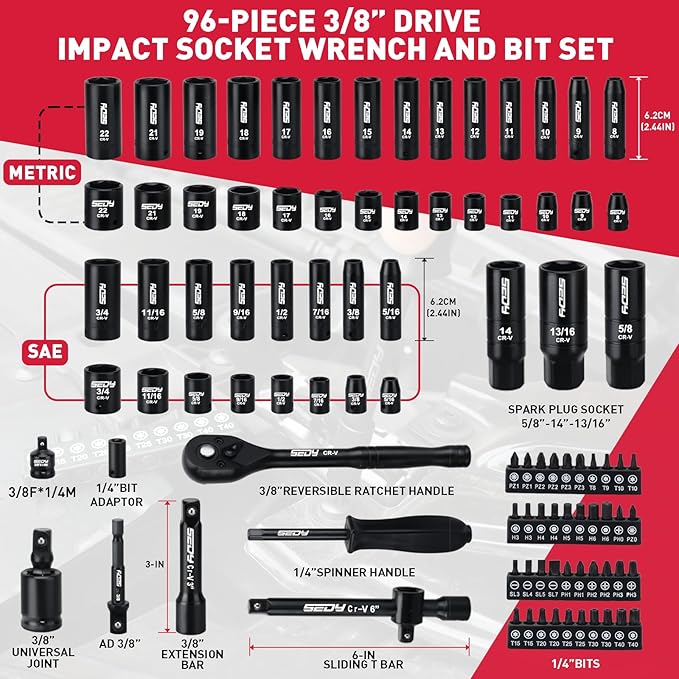 96-Piece 3/8" Drive Impact Socket Wrench and Bit Set, SAE 5/16”-3/4” & Metric 8-22mm, Cr-V Standard & Deep Sockets, Power Bits, Ratchet Handle, Universal Joint, Bit Holder, Adapters, Spark Plug Socket