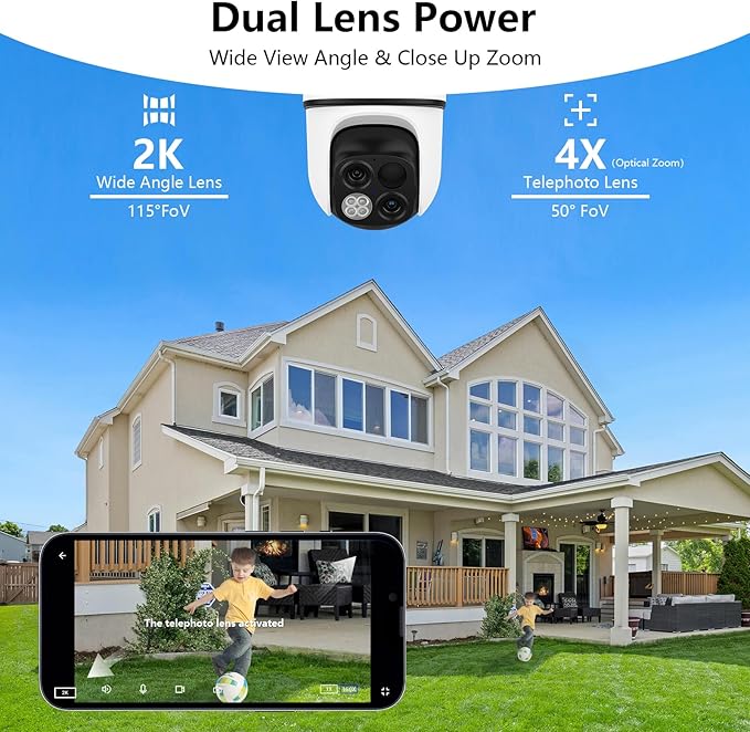 wansview Security Cameras Wireless Outdoor-2K Dual Lens Home Security Cameras, 360° View, Solar Panel Battery Powered, Color Night Vision, PIR Sensor, IP65 Waterproof, Work with Alexa, B7 2P White