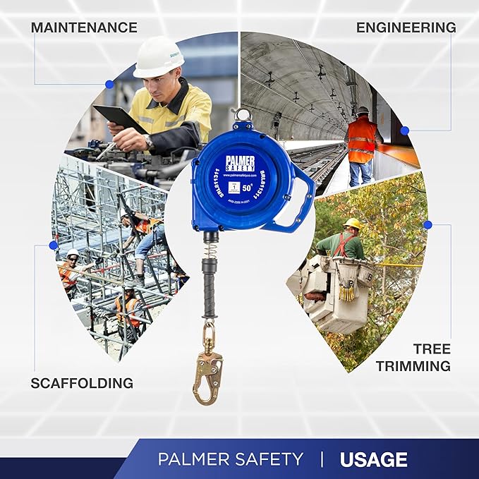 Palmer Safety SRD 50 FT. Self Retracting Lifeline I ANSI Z359.14-2021 Class 1 I SRL Device Swivel Top Galvanized Cable w/Small Steel Snap Hook I Fall Arrest Safety Yoyo
