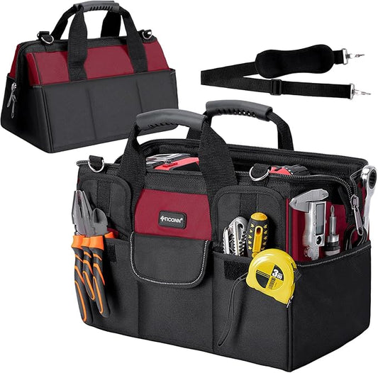 TICONN Heavy Duty Tool Bag with Multi-Pockets, Portable Tool Box Organizer Storage Bag, with Adjustable Shoulder Strap and Ergonomic Handle (Red, 16" Standard Base)