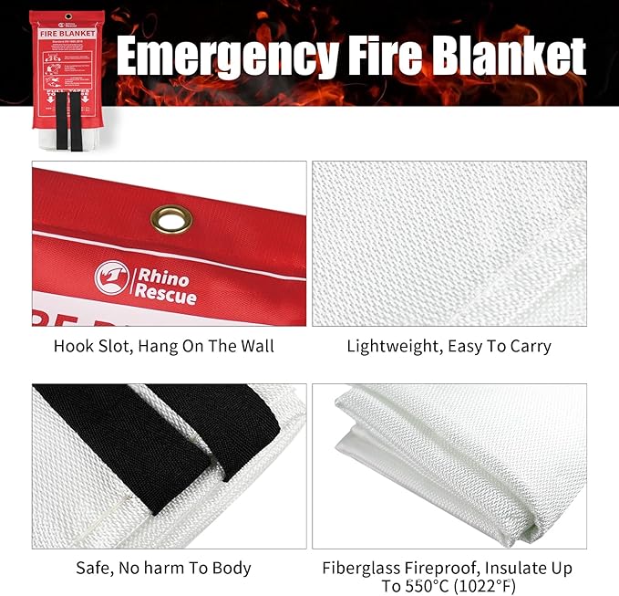 RHINO RESCUE Fire Blanket, 40''×40'' Fiberglass Emergency Fireproof Gear, Flame Retardant Protection for Home, Kitchen, Camping, Hiking, 2 Count