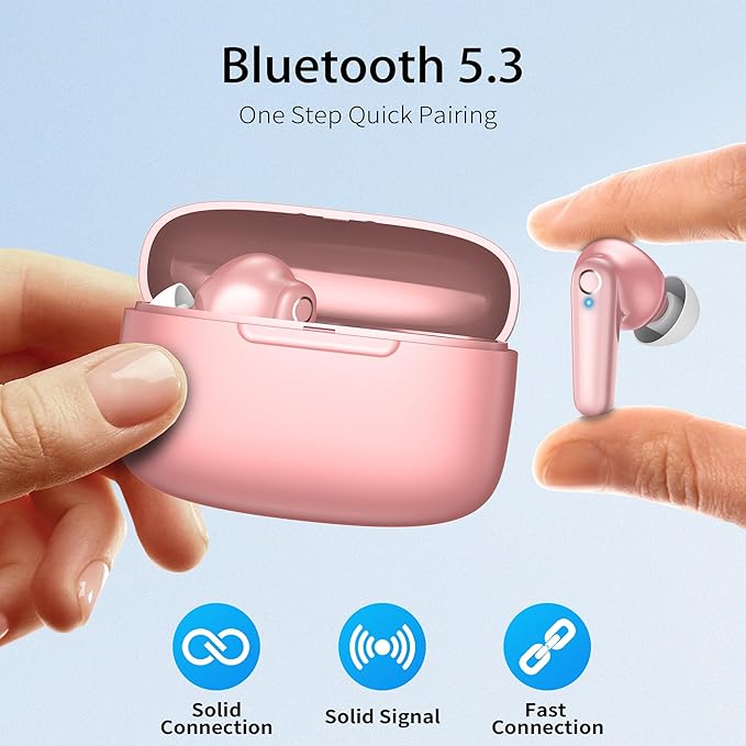 Wireless Ear Buds Bluetooth 5.3 60H Using Time Headphones Deep Bass Clear Call Earbuds with Built-in Mic Touch Control Lightweight Headsets for Studying Working Gaming Pink