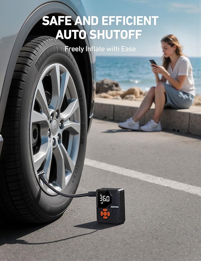 AstroAI L7 Mini Tire Inflator Portable Air Compressor,150 PSI Cordless Car Tires Air Pump with LED Lights&Pressure Gauge,Auto Shut-Off - Tire Pump for Auto,Motorcycle, Bicycle, Ball Orange