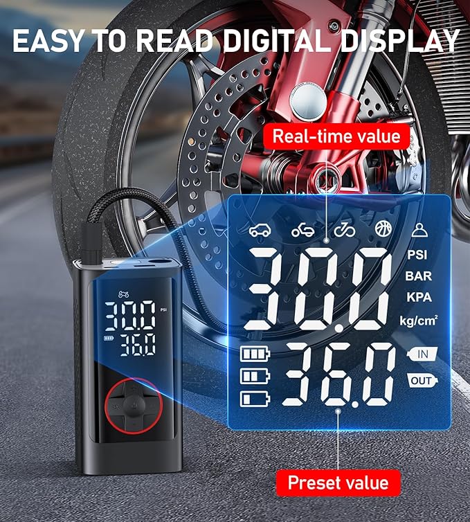 Tire Inflator Portable Air Compressor, 150PSI Cordless Air Pump for Car Tires, Electric Bike Tire Pump with Pressure Gauge, Auto Shut Off, LED Light for Car Motorcycle Bicycle Ball