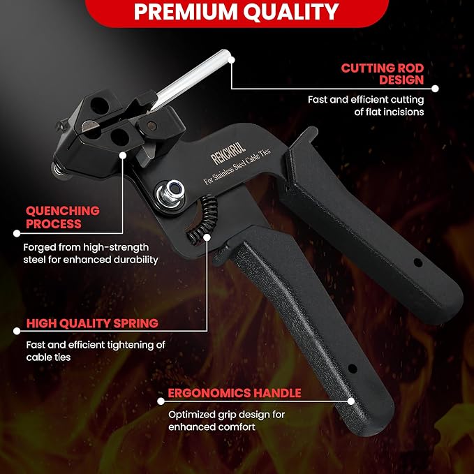 Stainless Steel Cable Tie Gun Set – Heavy Duty Metal Zip Tie Tool Kit - 150PCS Self-Locking Ties, Adjustable Fastening & Cutting Tool for Outdoor Fencing, Automotive, Exhaust Pipes (Black)